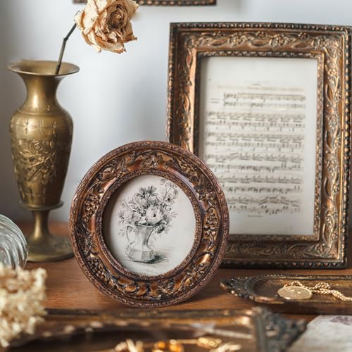 SIKOO Small Vintage 3×3 Round Picture Frame Antique Ornate Mini Photo Frame Vintage Wall Decor, Bronze Gold - Image 4