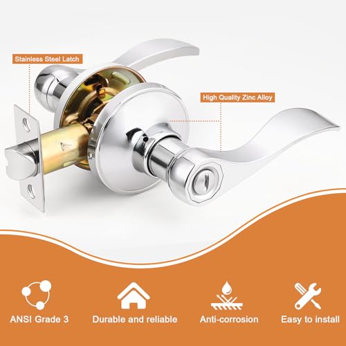 Probrico Polished Chrome Door Handles Privacy Door Lever, Interior Chrome Door Lever for Bedroom Bathroom, Keyless Interior Door Handle with Lock Wave Style, 6 Pack - Image 2