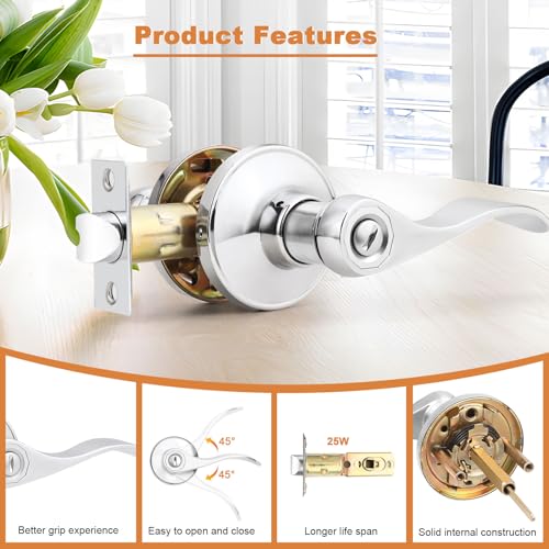 Probrico Polished Chrome Door Handles Privacy Door Lever, Interior Chrome Door Lever for Bedroom Bathroom, Keyless Interior Door Handle with Lock Wave Style, 6 Pack - Image 4