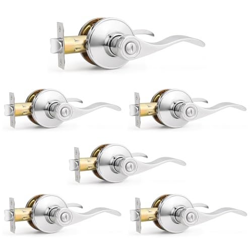 Probrico Polished Chrome Door Handles Privacy Door Lever, Interior Chrome Door Lever for Bedroom Bathroom, Keyless Interior Door Handle with Lock Wave Style, 6 Pack - Image 1