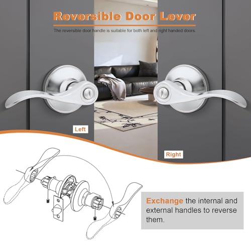 Probrico Polished Chrome Door Handles Privacy Door Lever, Interior Chrome Door Lever for Bedroom Bathroom, Keyless Interior Door Handle with Lock Wave Style, 6 Pack - Image 5