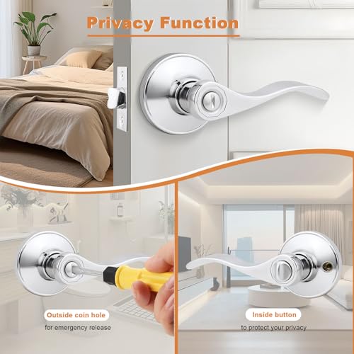 Probrico Polished Chrome Door Handles Privacy Door Lever, Interior Chrome Door Lever for Bedroom Bathroom, Keyless Interior Door Handle with Lock Wave Style, 6 Pack - Image 3
