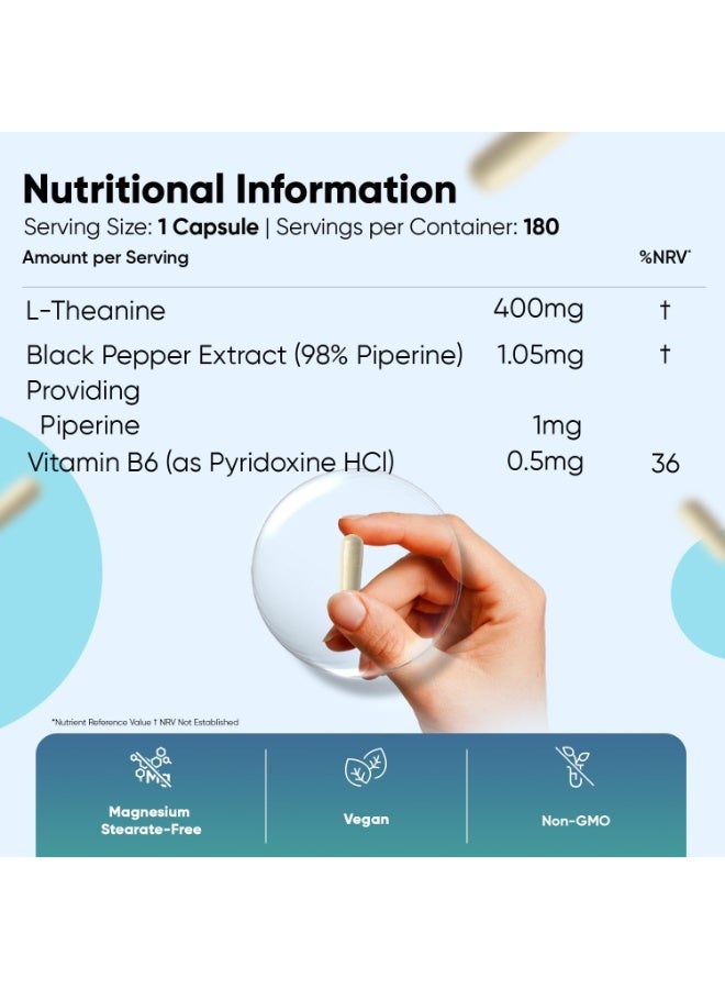 WeightWorld L-Theanine - 401mg - 180 Capsules - 6 Months Supply | with Vitamin B6 & Black Pepper | 1 Capsule per Day | Vegan & Magnesium Stearate-Free - L Theanine Supplement for Men & Women - Made in Europe - Image 5