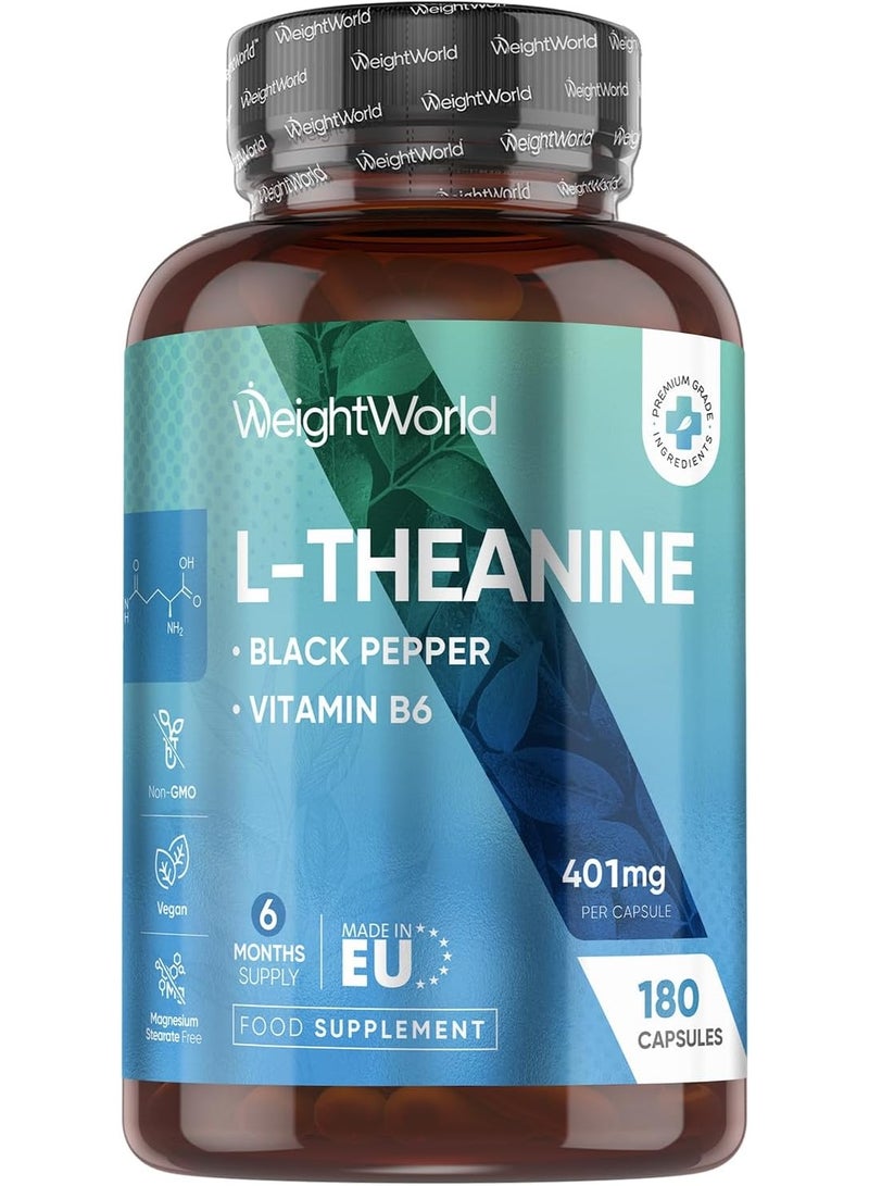 WeightWorld L-Theanine - 401mg - 180 Capsules - 6 Months Supply | with Vitamin B6 & Black Pepper | 1 Capsule per Day | Vegan & Magnesium Stearate-Free - L Theanine Supplement for Men & Women - Made in Europe - Image 1