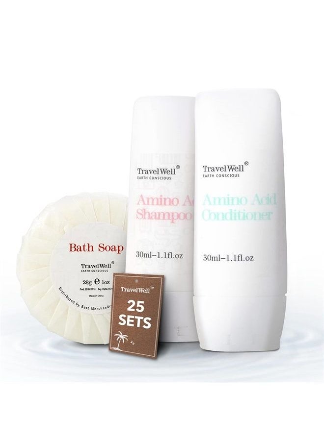 Travelwell TRAVELWELL Hotel Amenities Toiletries Individually Wrapped 30ml Shampoo 25 Bottles + Conditioner, 25 Bottles + 28g Mini Soap Bars, 25 Bars | Travel Size Toiletries | Hotel Toiletries Bulk Set  - Image 1