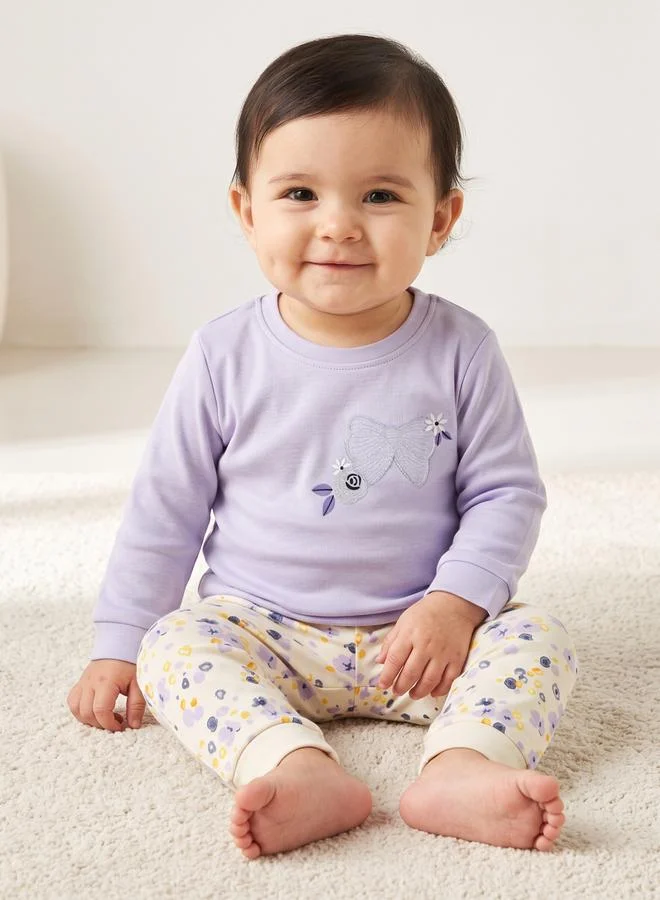 Styli Baby Girl Lilac Cotton Long Sleeve Top and Floral Print Pants Set