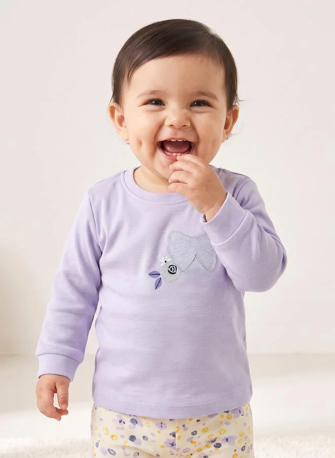 Styli Baby Girl Lilac Cotton Long Sleeve Top and Floral Print Pants Set