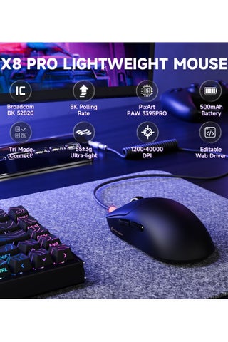 ماوس ألعاب لاسلكي فائق السرعة X8PRO، مستشعر PAW3395PRO، معدل استطلاع 8 كيلوهرتز، 40 ألف نقطة في البوصة، وضع ثلاثي، شريحة MCU من Broadcom 52840، 100 مليون نقرة، بطارية 500 مللي أمبير/ساعة، 55 جرام، فأرة قابلة للبرمجة مع كابل ملفوف - أسود - view 2