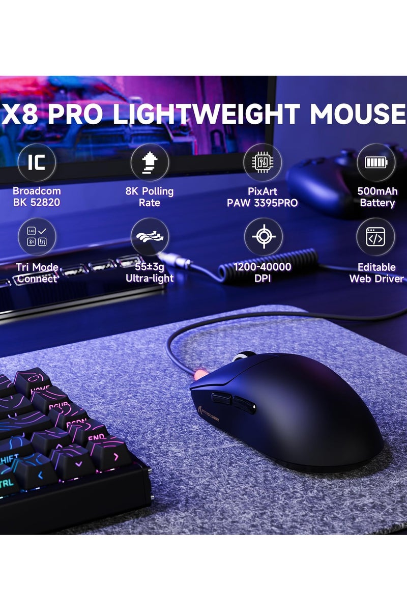 Attack Shark X8PRO Ultra Wireless Gaming Mouse,PAW3395PRO Sensor,8Khz Polling Rate,40K DPI,Tri-Mode,Broadcom 52840 MCU Chip,100M Clicks,500MAh Battery,55g,Programmable Mice with Coiled Cable-Black - Image 2