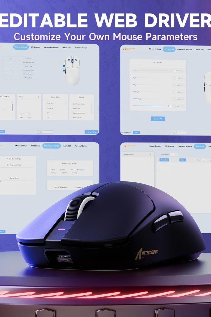Attack Shark X8PRO Ultra Wireless Gaming Mouse,PAW3395PRO Sensor,8Khz Polling Rate,40K DPI,Tri-Mode,Broadcom 52840 MCU Chip,100M Clicks,500MAh Battery,55g,Programmable Mice with Coiled Cable-Black - Image 5
