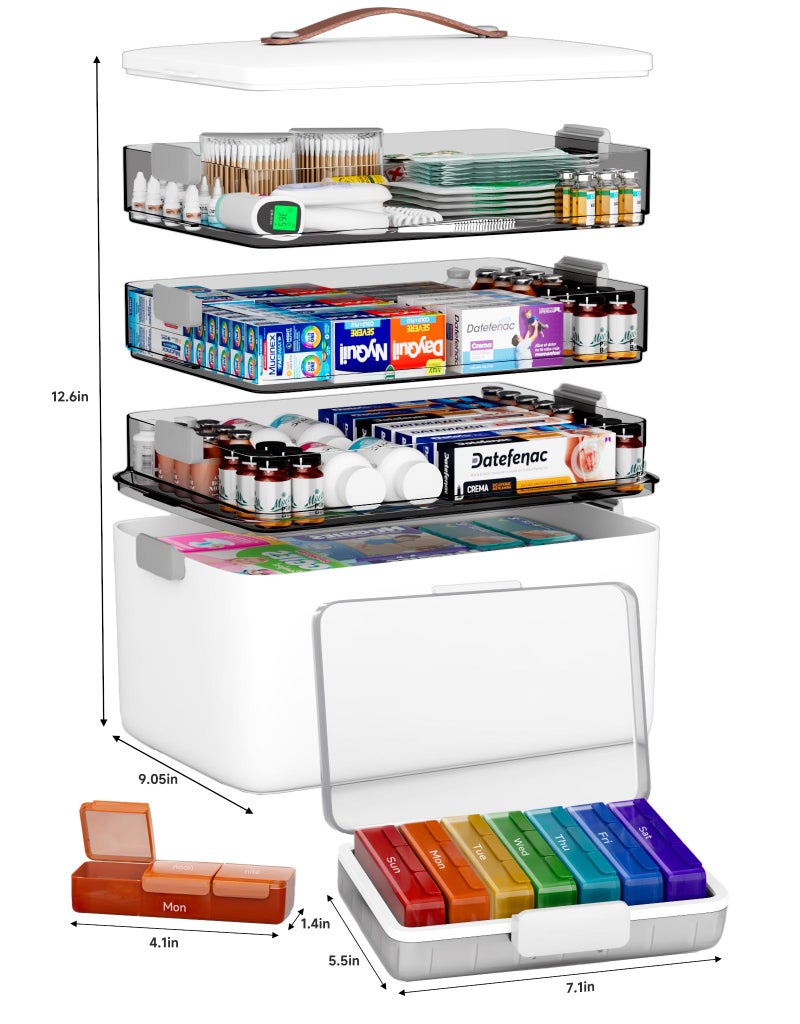 CTIME 4-Tier XL Medicine Organizer with Leather Handle - Portable Pill Case & Empty First Aid Kit for Home, Travel, RV, School, Dorm | Ideal Elderly Gift - Image 4