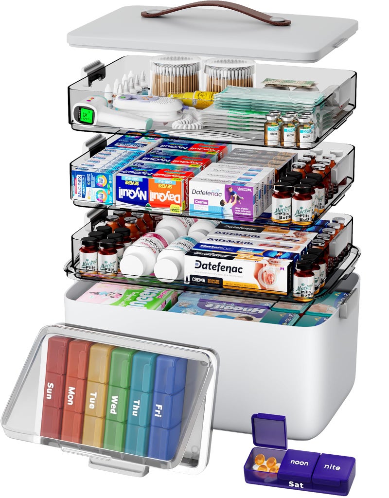 CTIME 4-Tier XL Medicine Organizer with Leather Handle - Portable Pill Case & Empty First Aid Kit for Home, Travel, RV, School, Dorm | Ideal Elderly Gift - Image 1
