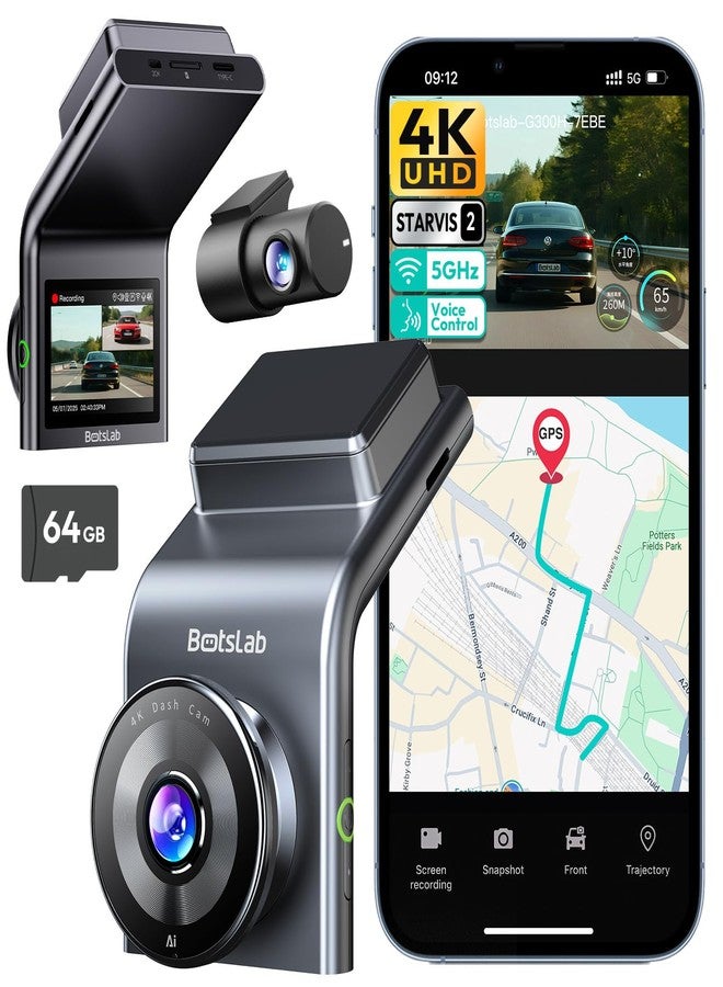 BOTSLAB 4K Dash Cam Front and Rear, STARVIS 2 Sensor, Voice Control, 64GB Card Included, 5GHz WiFi Dashcam Front and Rear Camera, Built in GPS, WDR Night Vision, 170°Wide Angle, 24H Parking Mode - Image 1