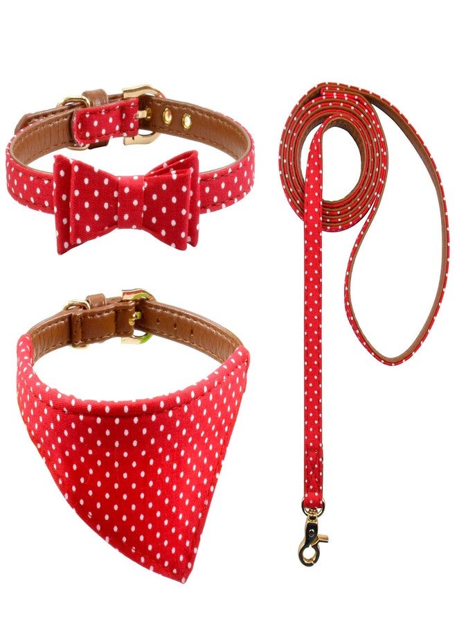 Ximipet 3PCS Bow Tie Dog Collar and Leash Set Plaid/Camo/Dots/Flower Dog Bandanas with Bell 3 Size Adjustable for Small Dogs Puppies and Cats (S, Red Dots) - Image 1
