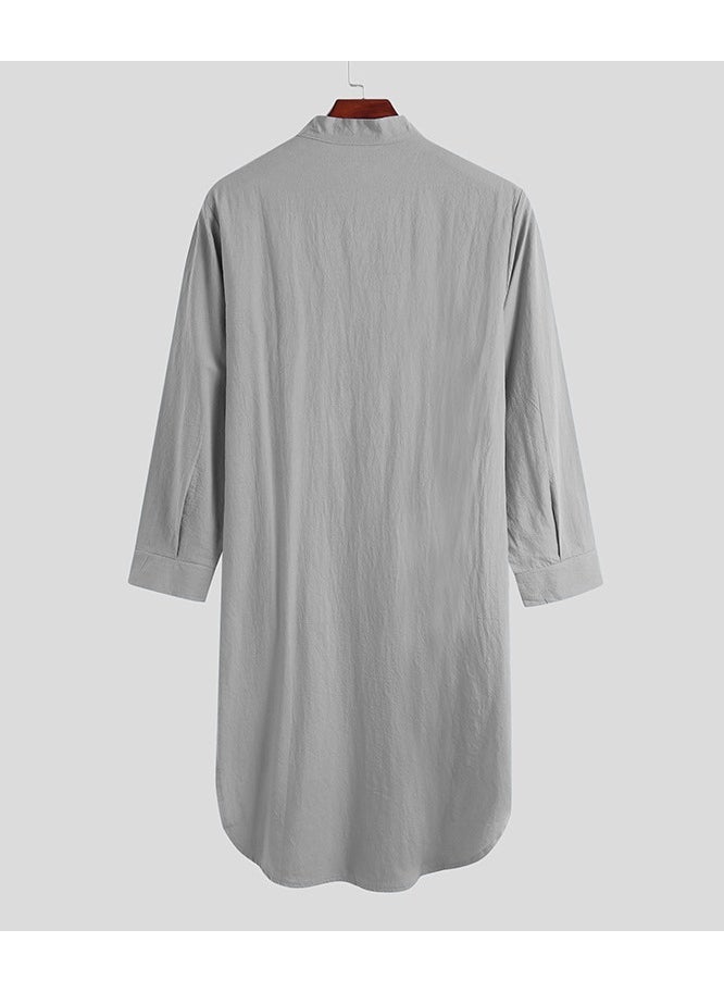 NIBEMINENT Fashion Muslim Men's Robe Long Sleeve Button Solid Color Printed Shirt  - Image 2