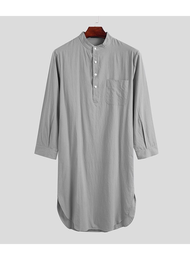 NIBEMINENT Fashion Muslim Men's Robe Long Sleeve Button Solid Color Printed Shirt  - Image 1