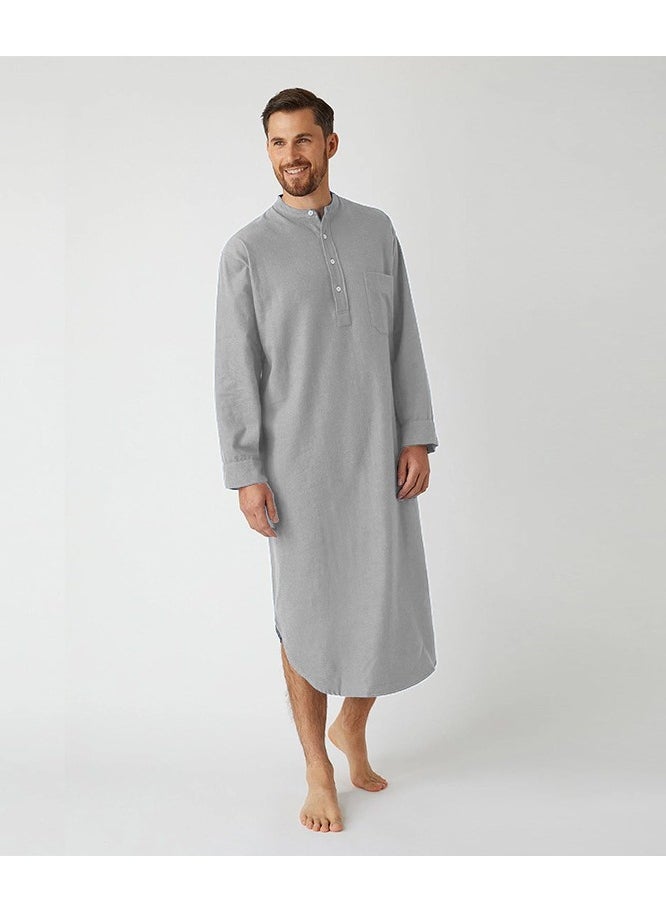NIBEMINENT Fashion Muslim Men's Robe Long Sleeve Button Solid Color Printed Shirt  - Image 3
