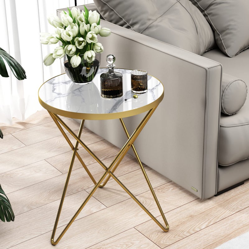 HLR Modern Round Side Table End Table with Marble Effect Top and Gold Metal Frame Small Side Table for Living Room Bedroom Sofa and Couch Gold Legs White Marble top