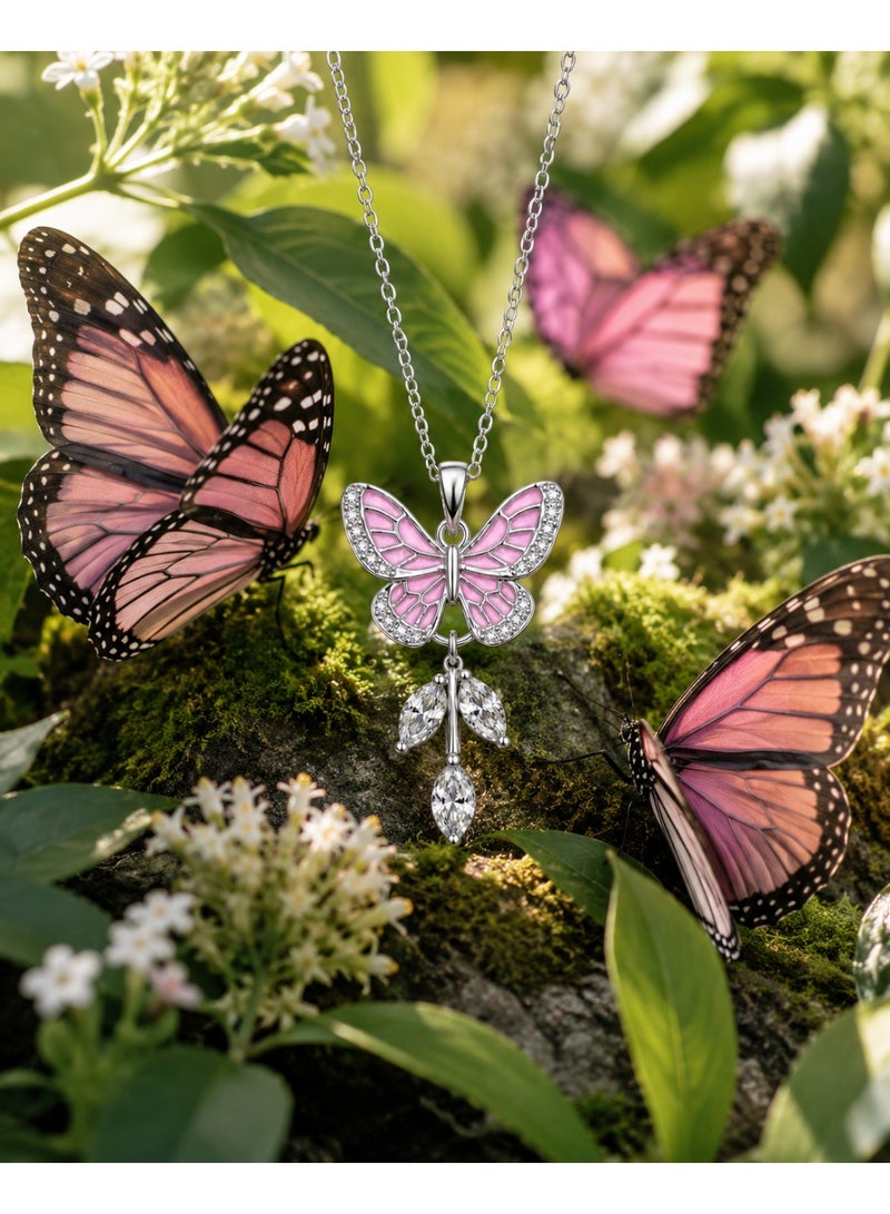 RAFAL Dream Wings Women's Silver-Tone Pink Enamel Butterfly Pendant Necklace with Marquise Crystal Drops - Image 3