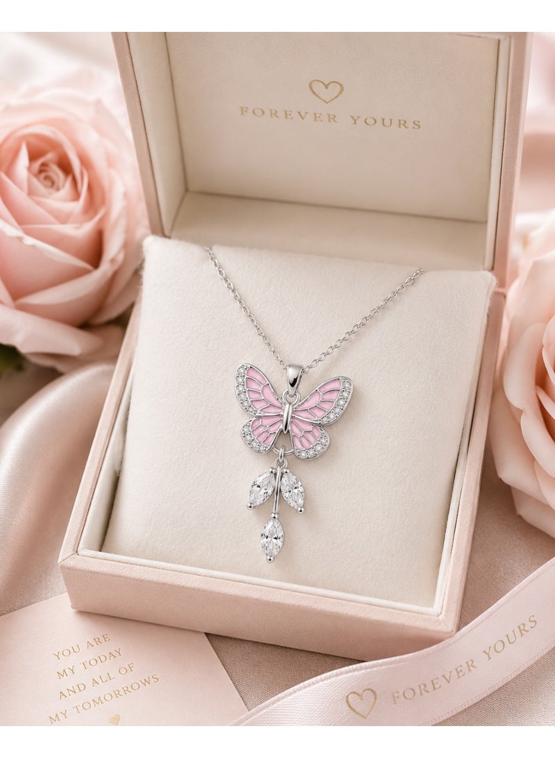 RAFAL Dream Wings Women's Silver-Tone Pink Enamel Butterfly Pendant Necklace with Marquise Crystal Drops - Image 4
