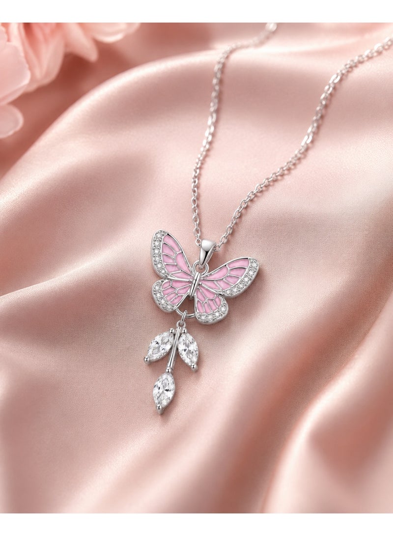RAFAL Dream Wings Women's Silver-Tone Pink Enamel Butterfly Pendant Necklace with Marquise Crystal Drops - Image 2
