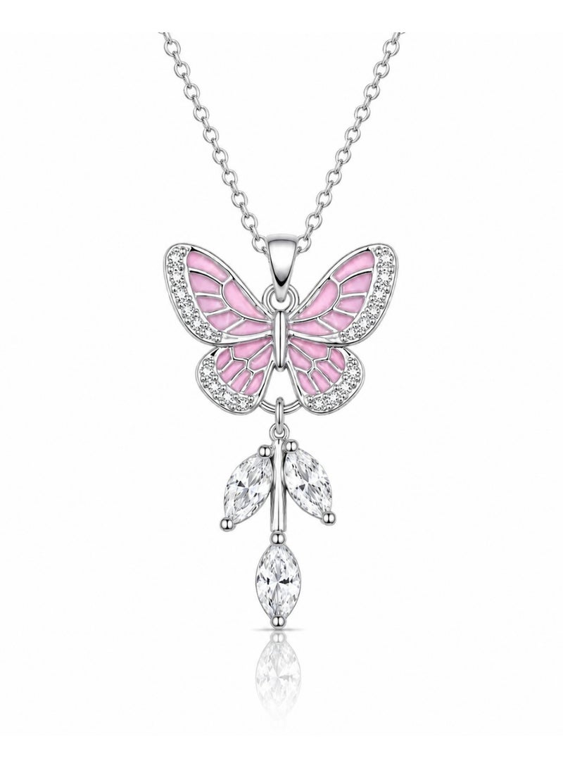 RAFAL Dream Wings Women's Silver-Tone Pink Enamel Butterfly Pendant Necklace with Marquise Crystal Drops - Image 1