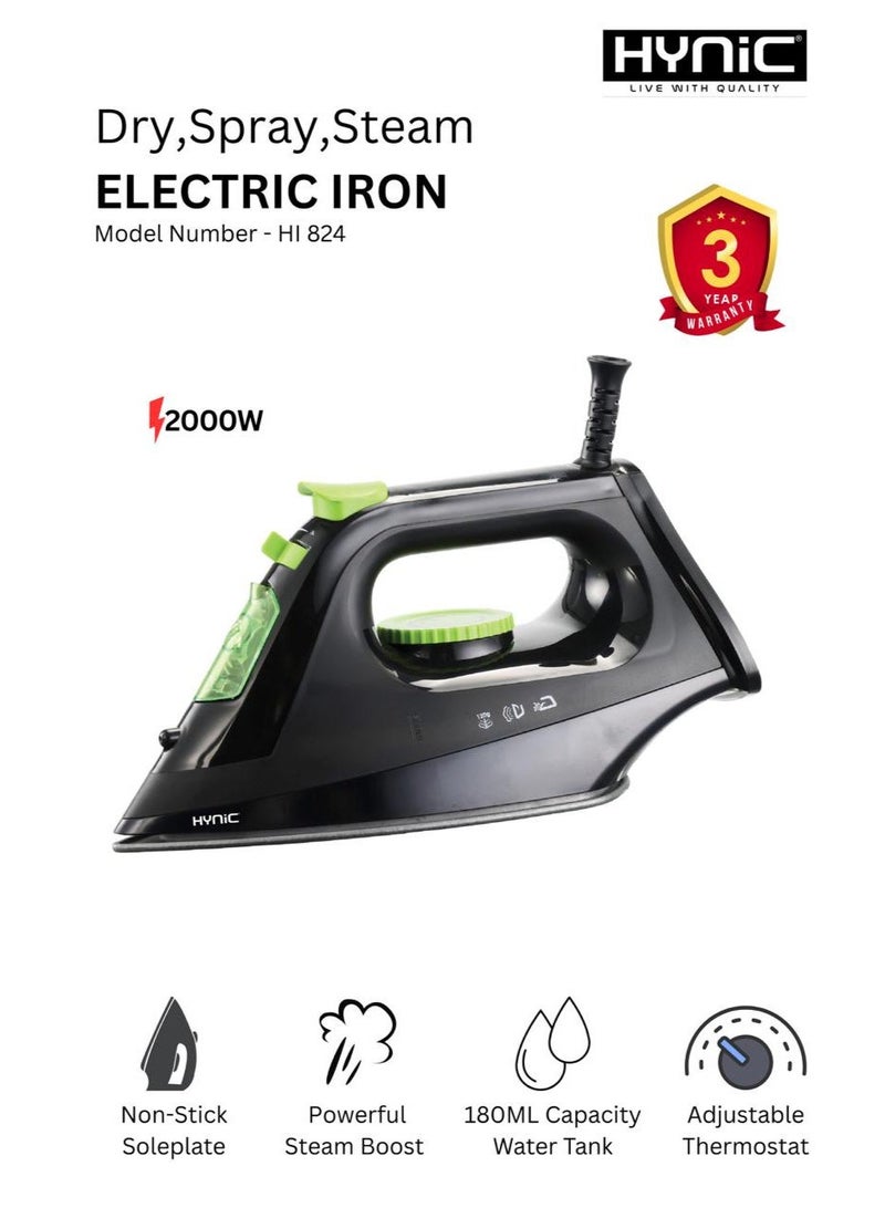 Hynic 2000W Steam Iron for Clothes with Ceramic Soleplate | 180ml Water Tank | Adjustable Temperature Control | Vertical Steam & Burst Function | Overheat Protection | 360° Swivel Cord | Black&Green - Image 1