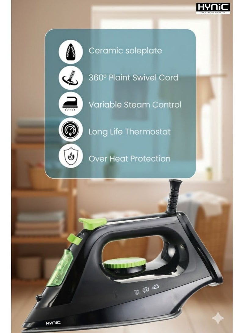 Hynic 2000W Steam Iron for Clothes with Ceramic Soleplate | 180ml Water Tank | Adjustable Temperature Control | Vertical Steam & Burst Function | Overheat Protection | 360° Swivel Cord | Black&Green - Image 2