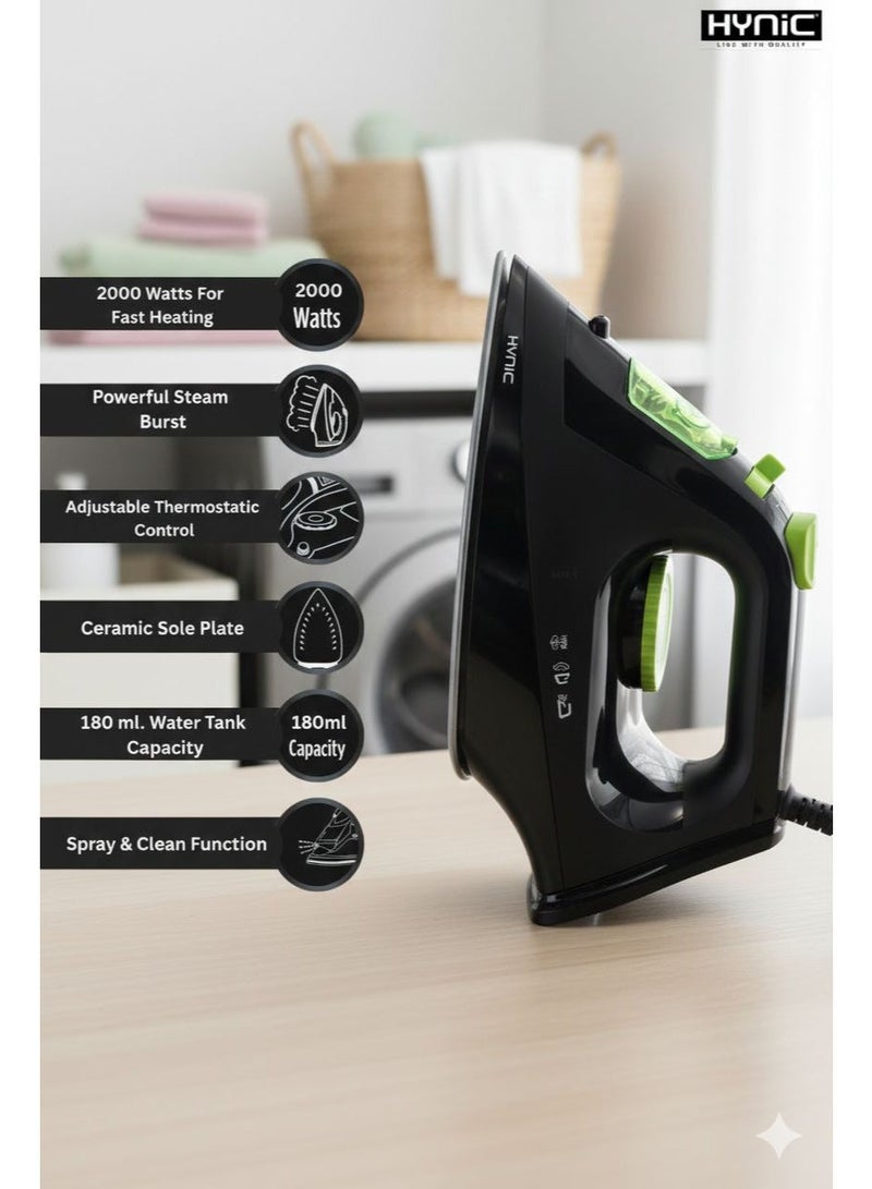 Hynic 2000W Steam Iron for Clothes with Ceramic Soleplate | 180ml Water Tank | Adjustable Temperature Control | Vertical Steam & Burst Function | Overheat Protection | 360° Swivel Cord | Black&Green - Image 4