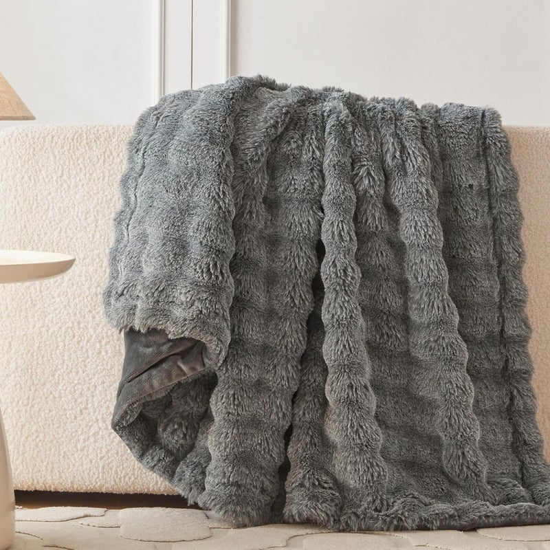 COOVA Faux Rabbit Fur & Flannel Throw Blanket 60x80 Inch - Luxury Fuzzy & Cozy Soft Twin Size Blanket for All Seasons, Breathable and Comfortable for Bed, Couch, and Camping,Cationic Light Grey - Image 4