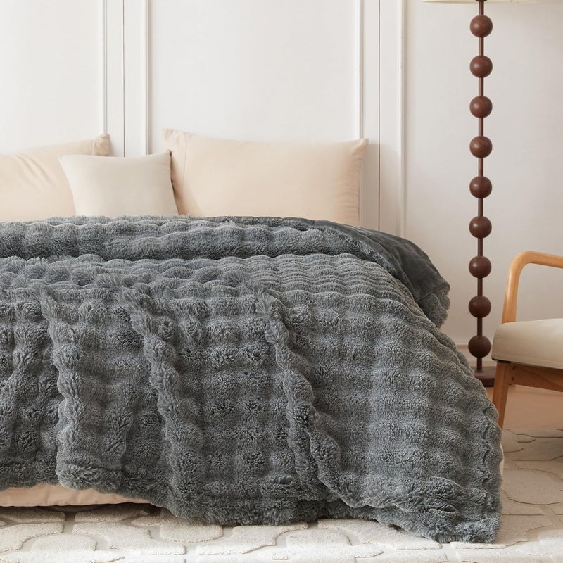 COOVA Faux Rabbit Fur & Flannel Throw Blanket 60x80 Inch - Luxury Fuzzy & Cozy Soft Twin Size Blanket for All Seasons, Breathable and Comfortable for Bed, Couch, and Camping,Cationic Light Grey - Image 3