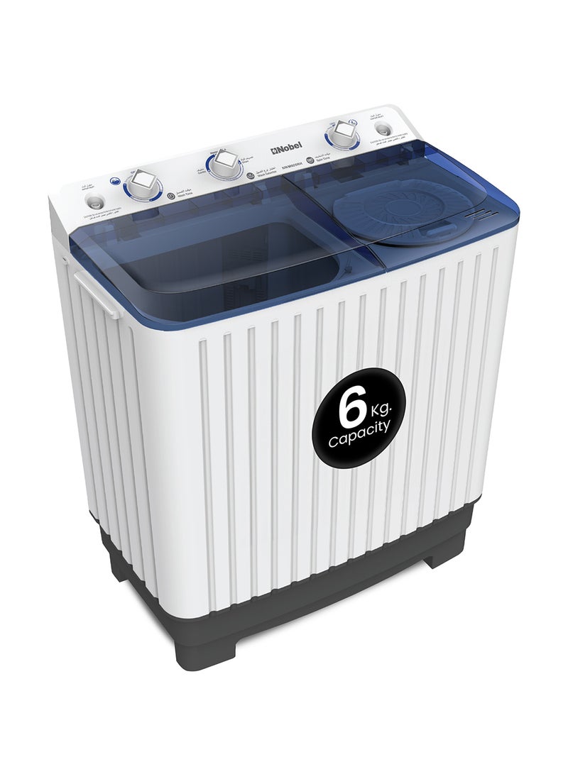 Nobel 6.0KG Wash /4.5KG Spin Capacity Twin Tub Washing Machine, 400W Wash Power, Air Drying, IPX4 Waterproof Grade, Transparent Blue Cover, 1300RPM 6 kg NWM600RH White - Image 1