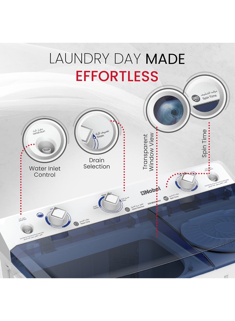 Nobel 6.0KG Wash /4.5KG Spin Capacity Twin Tub Washing Machine, 400W Wash Power, Air Drying, IPX4 Waterproof Grade, Transparent Blue Cover, 1300RPM 6 kg NWM600RH White - Image 4