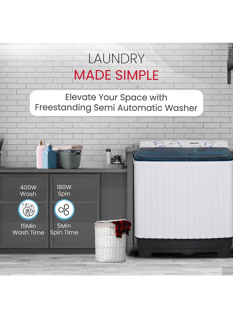 Nobel 6.0KG Wash /4.5KG Spin Capacity Twin Tub Washing Machine, 400W Wash Power, Air Drying, IPX4 Waterproof Grade, Transparent Blue Cover, 1300RPM 6 kg NWM600RH White - Image 5