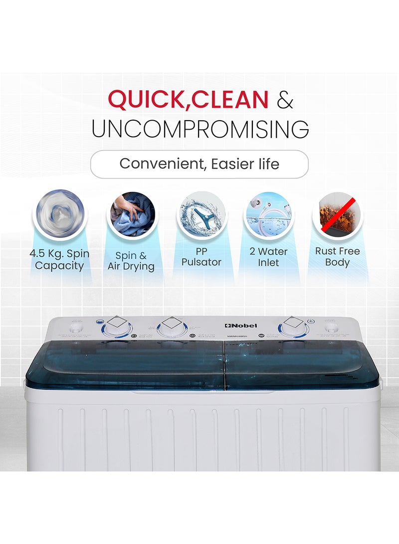 Nobel 6.0KG Wash /4.5KG Spin Capacity Twin Tub Washing Machine, 400W Wash Power, Air Drying, IPX4 Waterproof Grade, Transparent Blue Cover, 1300RPM 6 kg NWM600RH White - Image 3