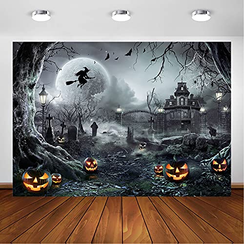 Avezano Halloween Photography Backdrop Full Moon Scary Night Castle Pumpkins Party Background Spooky Witch Bats Cemetery Child Kids Halloween Party Decorations Photoshoot Backdrops (7x5ft, Gray) - Image 1