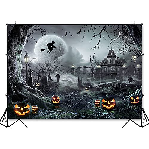 Avezano Halloween Photography Backdrop Full Moon Scary Night Castle Pumpkins Party Background Spooky Witch Bats Cemetery Child Kids Halloween Party Decorations Photoshoot Backdrops (7x5ft, Gray) - Image 4