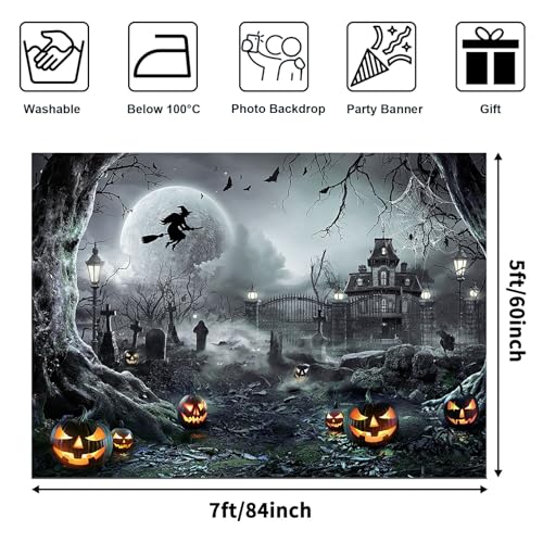 Avezano Halloween Photography Backdrop Full Moon Scary Night Castle Pumpkins Party Background Spooky Witch Bats Cemetery Child Kids Halloween Party Decorations Photoshoot Backdrops (7x5ft, Gray) - Image 2