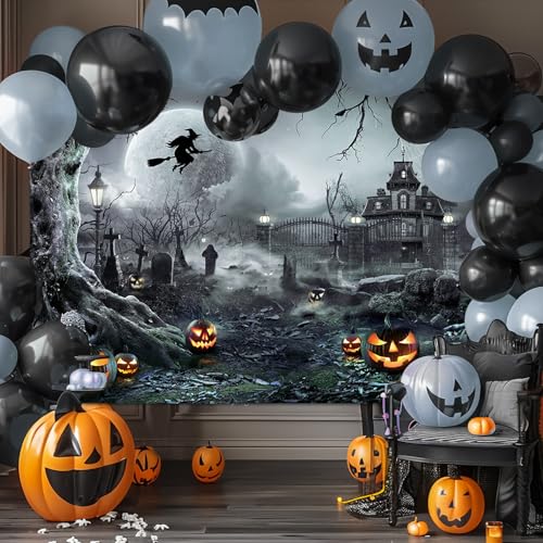 Avezano Halloween Photography Backdrop Full Moon Scary Night Castle Pumpkins Party Background Spooky Witch Bats Cemetery Child Kids Halloween Party Decorations Photoshoot Backdrops (7x5ft, Gray) - Image 3