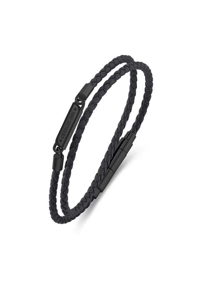 شيروتي 1881 Emiliano Silver Plated Stainless Steel Black Braided Leather Bracelet for Men 400mm