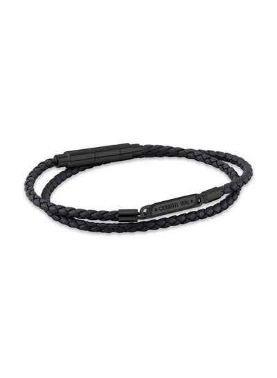 CERRUTI 1881 Emiliano Silver Plated Stainless Steel Black Braided Leather Bracelet for Men 400mm