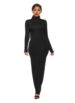 Women's European And American Fashion Solid Color Dress Long Sleeve Stretch Slim High Collar Dress