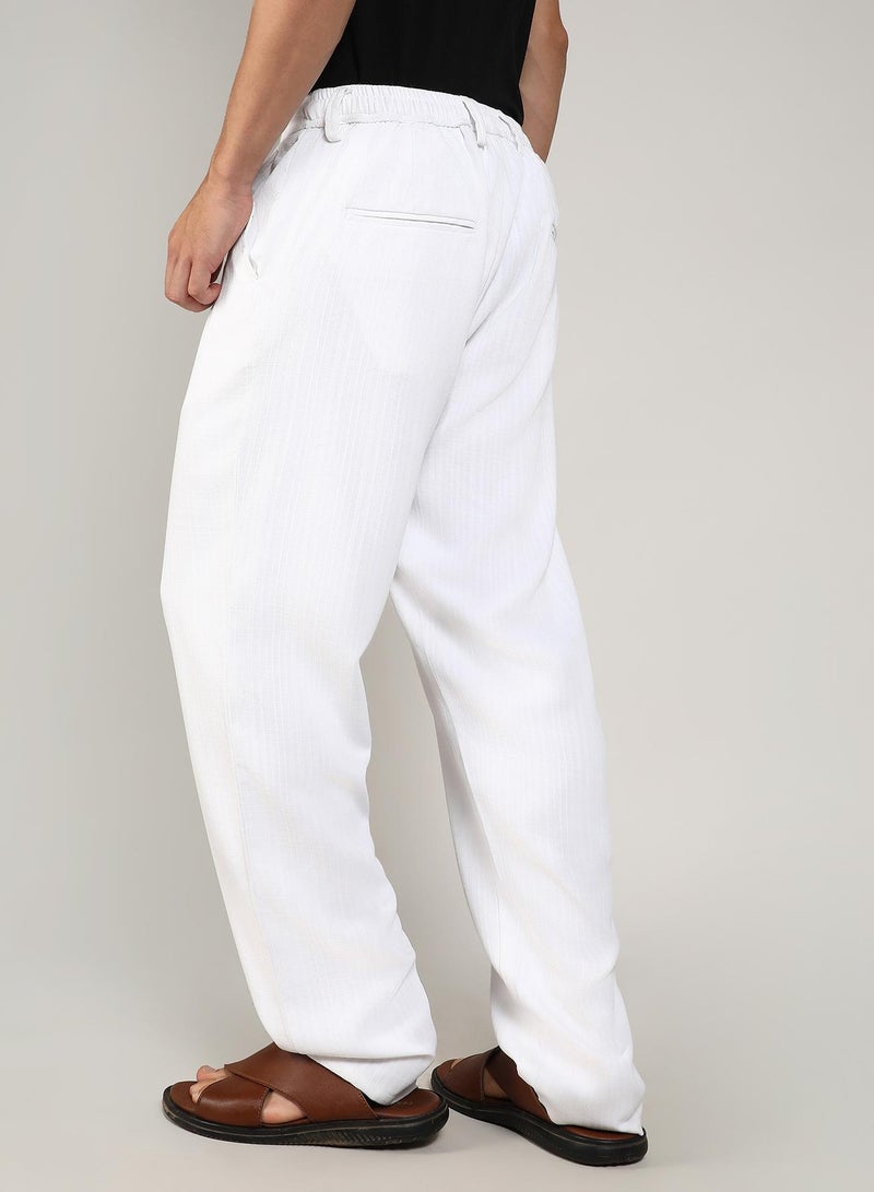Campus Sutra Men's Chalk White Tailored Linen-Blend Trousers For Casual Wear | Tailored Fit | 4 Pockets | Button Closure | Trousers Crafted With Comfort Fit For Everyday Wear - Image 3