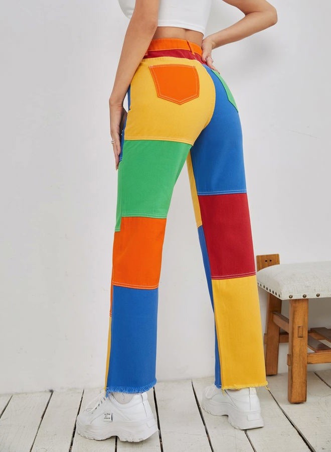 WDIRARA Ladies Women's Color Block Raw Hem High Waisted Jeans Straight Leg Denim Pants, Multicolor, L - Image 2