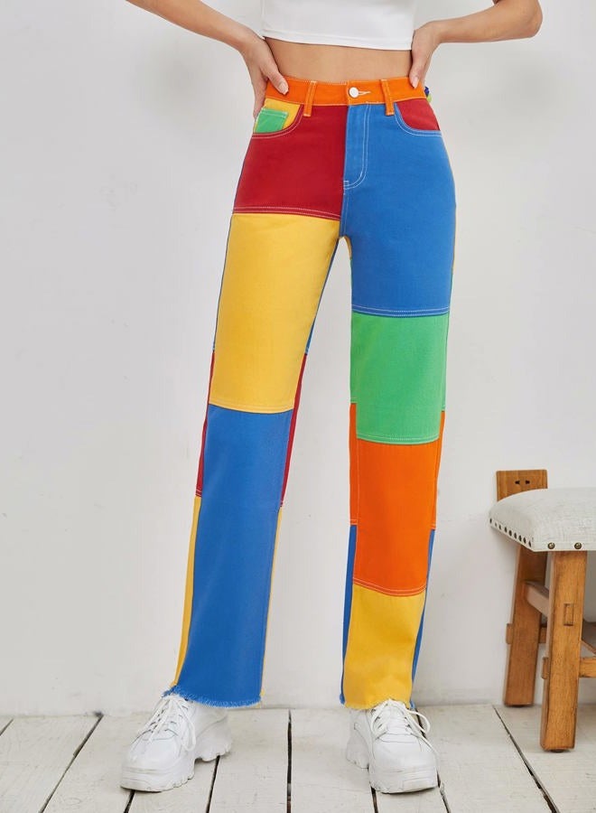 WDIRARA Ladies Women's Color Block Raw Hem High Waisted Jeans Straight Leg Denim Pants, Multicolor, L - Image 5