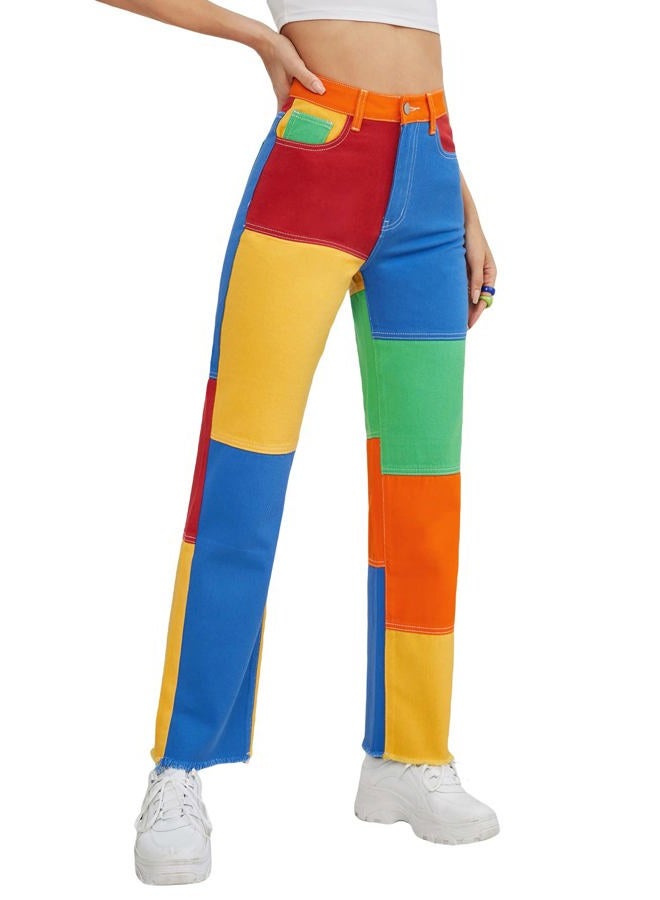 WDIRARA Ladies Women's Color Block Raw Hem High Waisted Jeans Straight Leg Denim Pants, Multicolor, L - Image 1