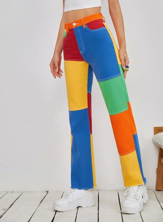 WDIRARA Ladies Women's Color Block Raw Hem High Waisted Jeans Straight Leg Denim Pants, Multicolor, L - Image 3