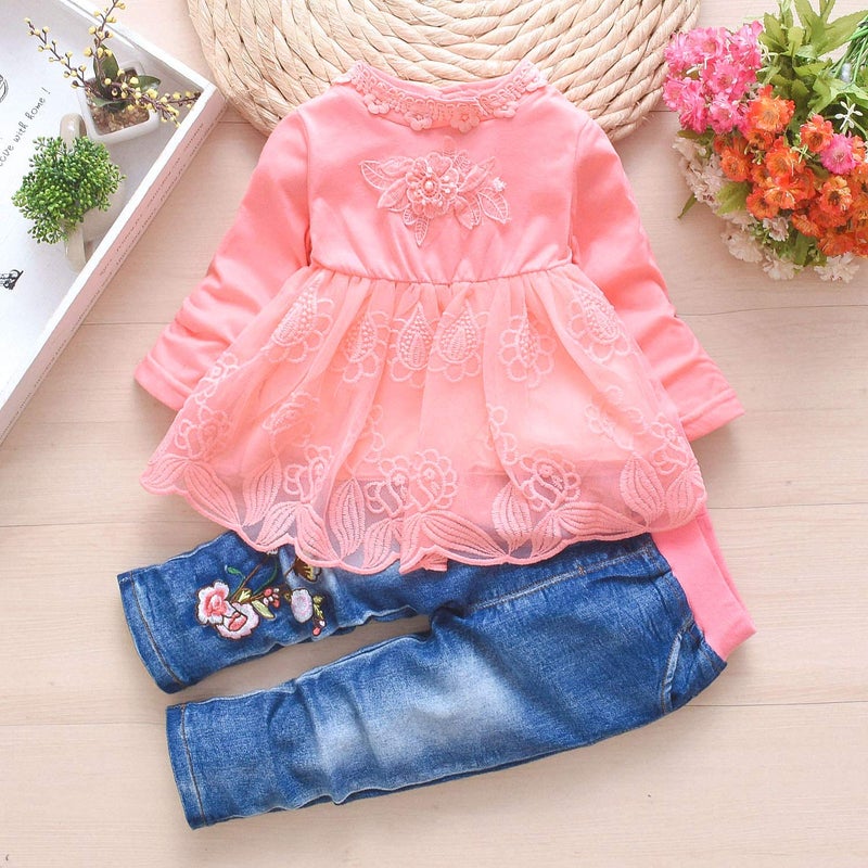 Peacolate 6M-4Years Spring Fall Baby Girls Clothing Set 3pcs Long Sleeve Dress Denim Jacket and Jeans(Pink,6-12Months) - Image 2