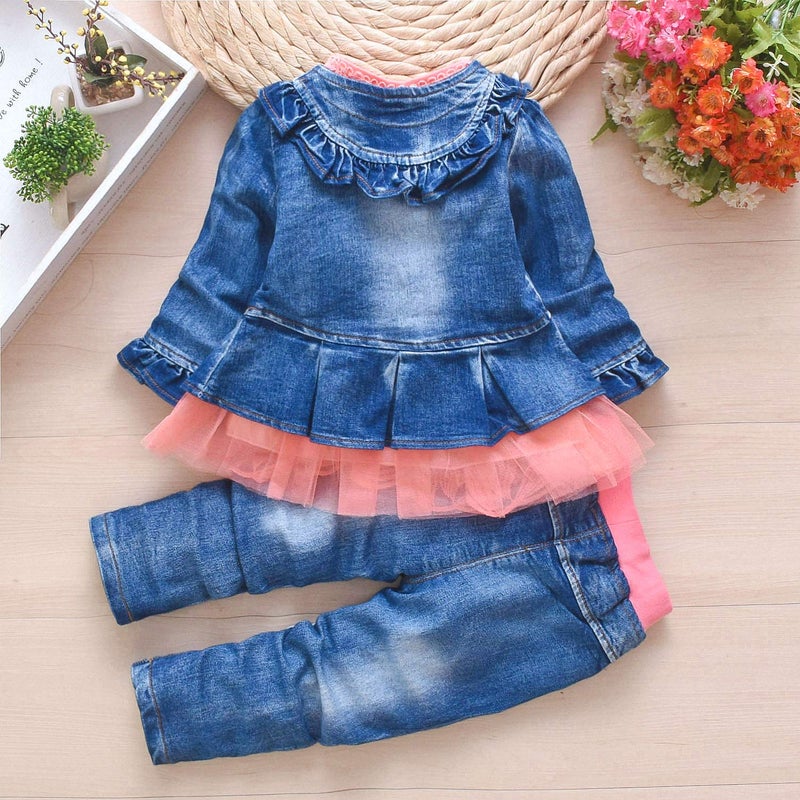 Peacolate 6M-4Years Spring Fall Baby Girls Clothing Set 3pcs Long Sleeve Dress Denim Jacket and Jeans(Pink,6-12Months) - Image 4