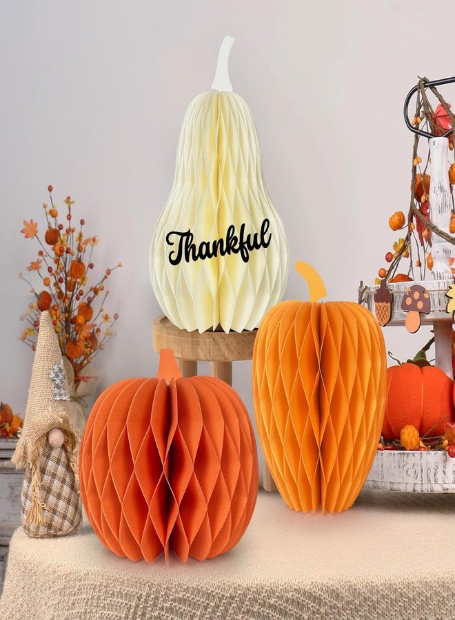 UNIIDECO 3PCS Paper Pumpkin Table Centerpieces, Pumpkins Honeycomb Centerpiece for Table Decorations with Thankful Signs for Fall, Halloween, Thanksgiving, Baby Shower, Birthday Party - Image 5